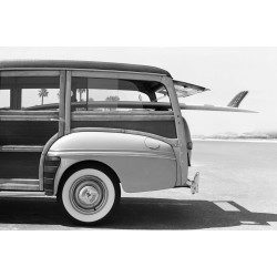 Old Woodie Station Wagon with Surfboard