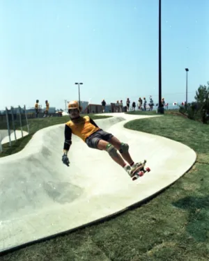Skateboarders with Helmets and Knee Pads at the Skate Park, 1977