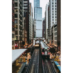Trains Passing over the Tracks in Downtown Chicago