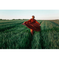 Woman in red coat walking in the field at sunset