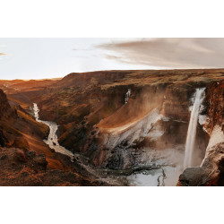 Panoramic view with the majestic Haifoss waterfall in Iceland.