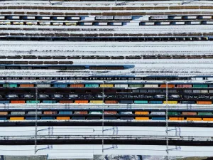 Drone Point View of Freight Trains and Railway Station in Winter, 2021