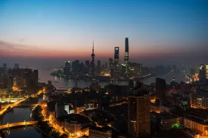 High Angle View of the Bund, Shanghai Skyline, Night, 2017